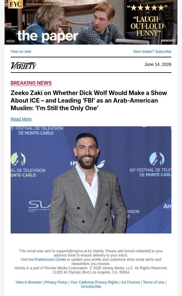 Zeeko Zaki on Whether Dick Wolf Would Make a Show About ICE – and Leading ‘FBI’ as an Arab-American Muslim: ‘I’m Still the Only One’ email from Variety screenshot