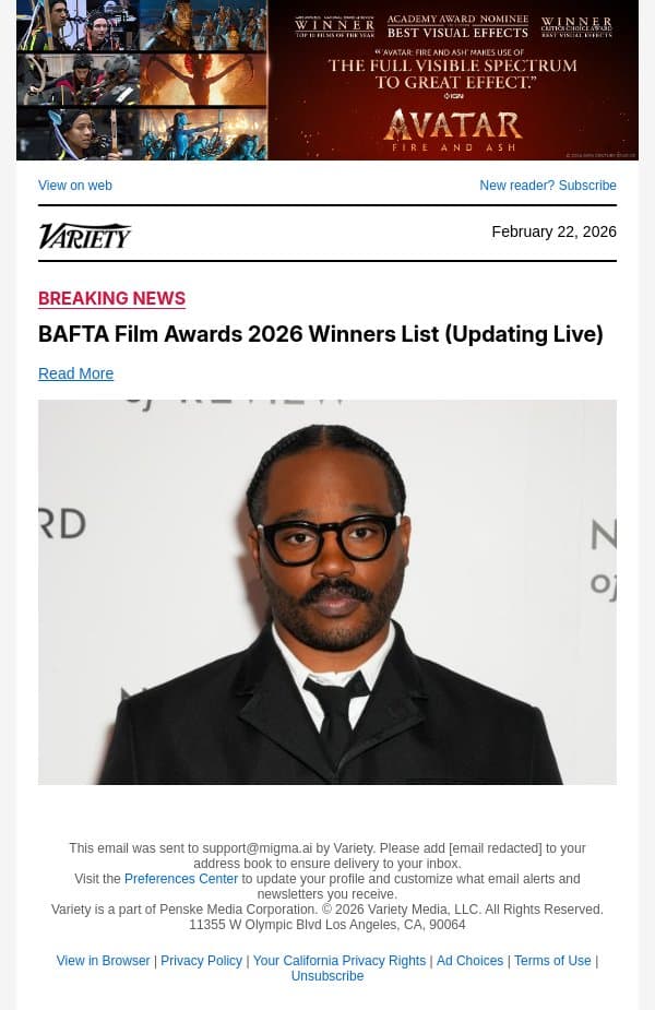 Ryan Coogler Wins BAFTA for Original Screenplay for 'Sinners' email from Variety screenshot
