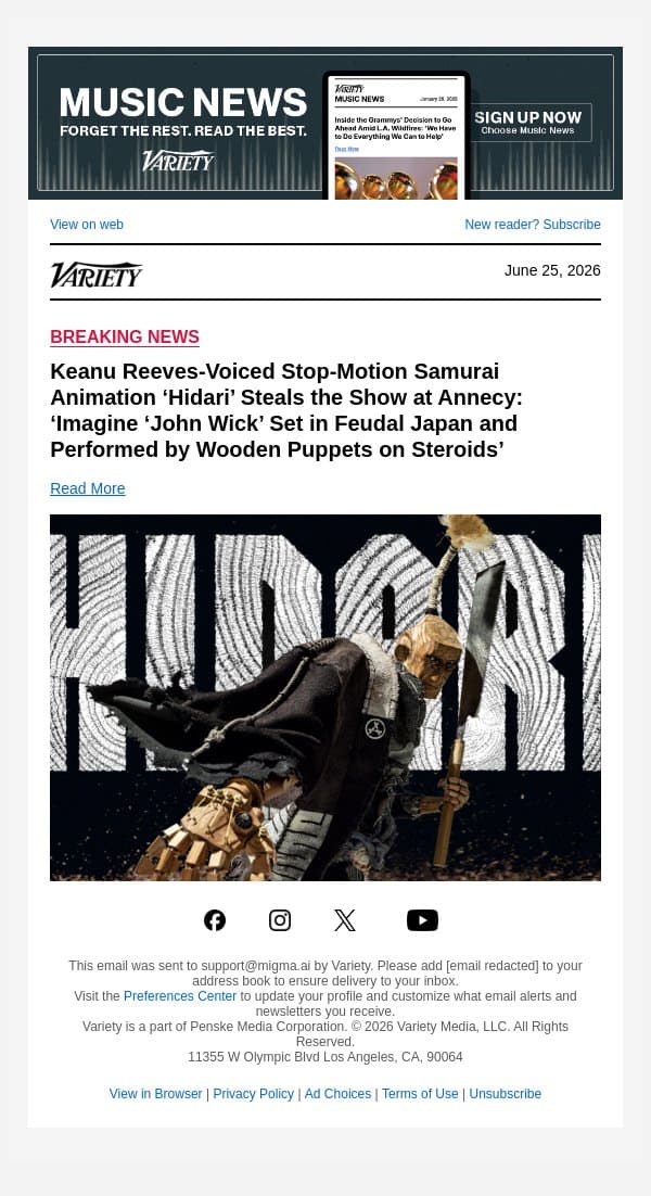 Keanu Reeves-Voiced Stop-Motion Samurai Animation ‘Hidari’ Steals the Show at Annecy: ‘Imagine ‘John Wick’ Set in Feudal Japan and Performed by Wooden Puppets on Steroids’ email from Variety screenshot