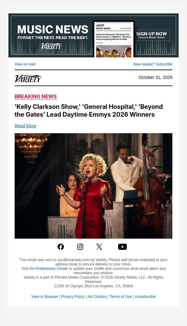 'Kelly Clarkson Show,' 'General Hospital,' 'Beyond the Gates' Lead Daytime Emmys 2026 Winners email from Variety screenshot