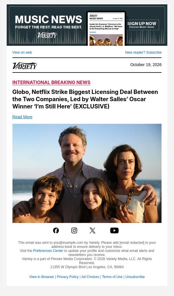 Globo, Netflix Strike Biggest Licensing Deal Between the Two Companies, Led by Walter Salles’ Oscar Winner ‘I’m Still Here’ (EXCLUSIVE) email from Variety screenshot