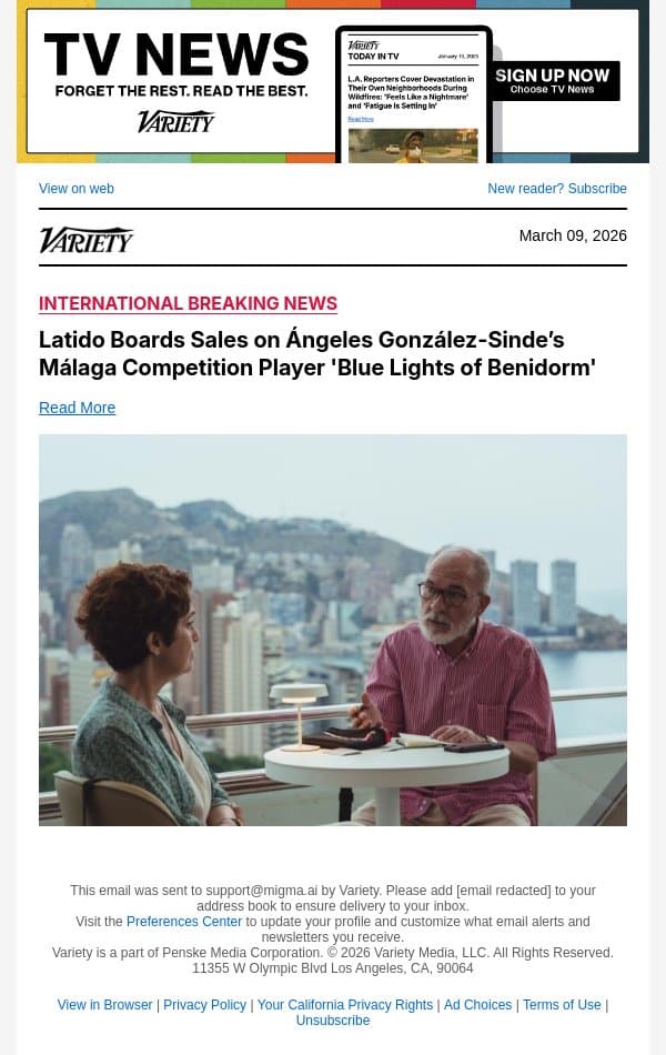 Latido Boards Sales on Ángeles González-Sinde’s Málaga Competition Player 'Blue Lights of Benidorm' email from Variety screenshot
