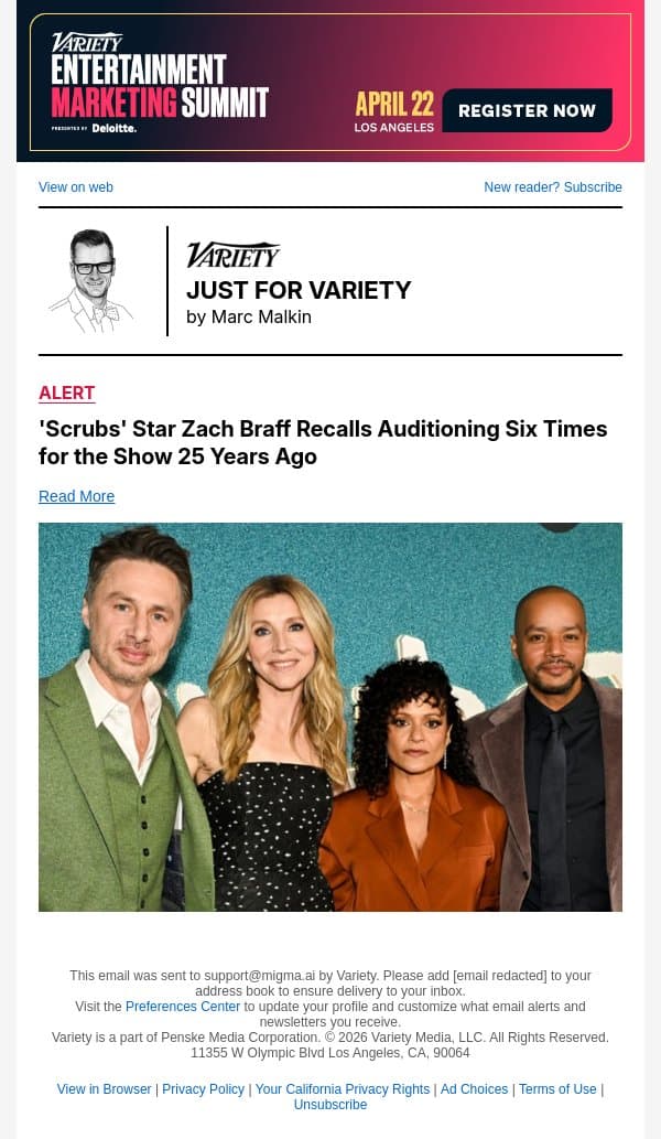 'Scrubs' Star Zach Braff Recalls Auditioning Six Times for the Show 25 Years Ago email from Variety screenshot
