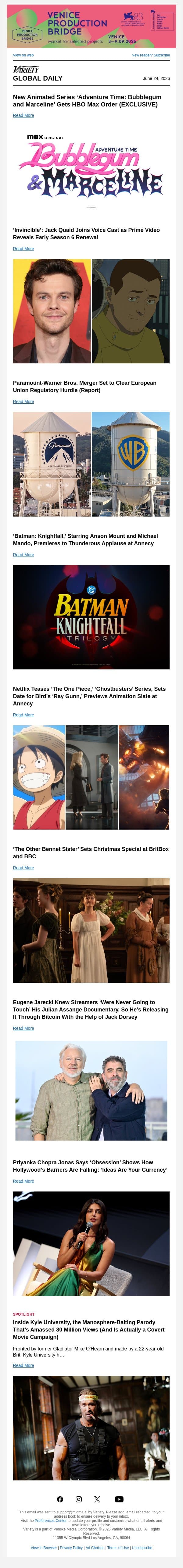 'Adventure Time' Spinoff Series; 'Invincible' Renewed; Paramount-WB Merger Set to Clear EU email from Variety screenshot