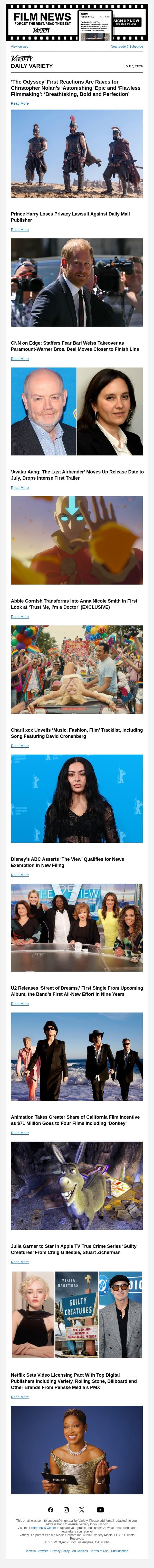 'The Odyssey' First Reactions; Prince Harry Loses Privacy Lawsuit; CNN on Edge as Bari Weiss Takeover Looms email from Variety screenshot