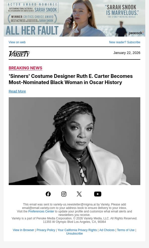 'Sinners' Costume Designer Ruth E. Carter Becomes Most-Nominated Black Woman in Oscar History email from Variety screenshot