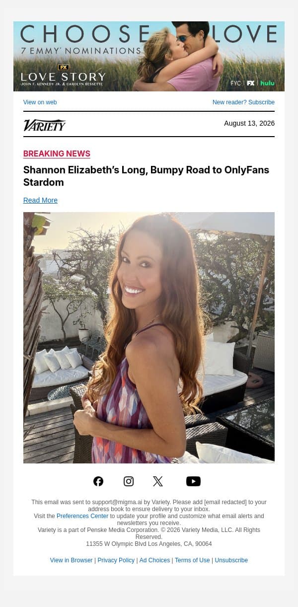 Shannon Elizabeth’s Long, Bumpy Road to OnlyFans Stardom email from Variety screenshot
