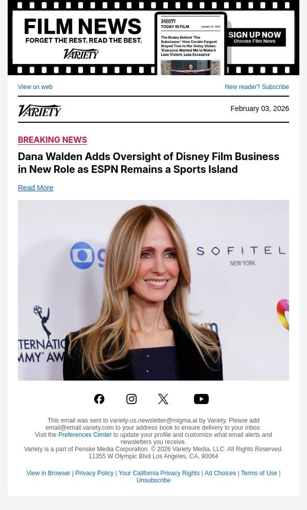 Dana Walden Adds Oversight of Disney Film Business in New Role as ESPN Remains a Sports Island email from Variety screenshot
