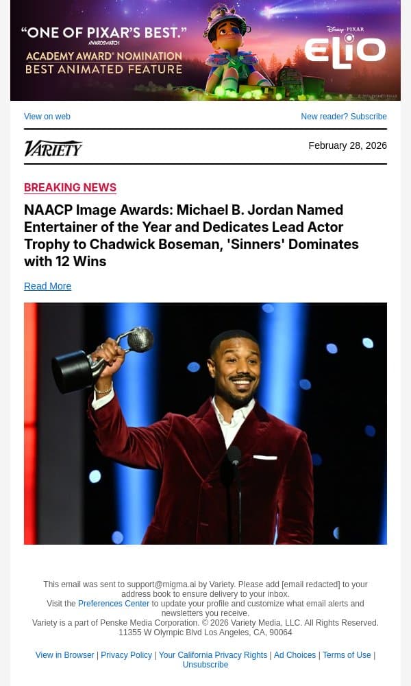 NAACP Image Awards: Michael B. Jordan Named Entertainer of the Year and Dedicates Lead Actor Trophy to Chadwick Boseman, 'Sinners' Dominates with 12 Wins email from Variety screenshot