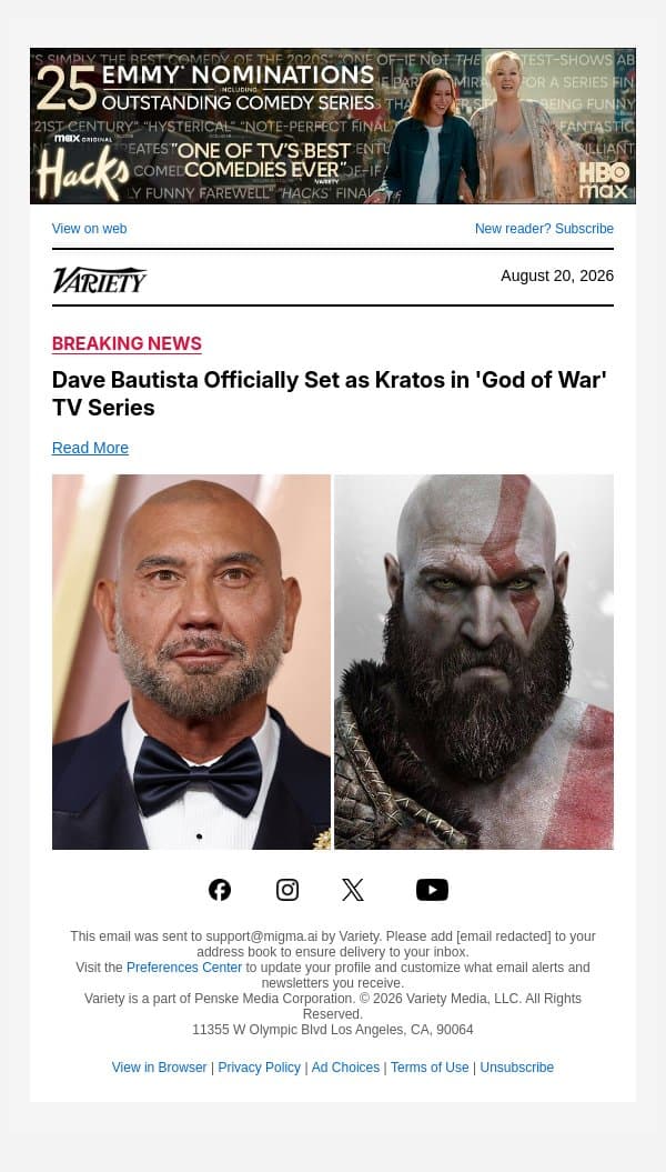 Dave Bautista Officially Set as Kratos in 'God of War' TV Series email from Variety screenshot