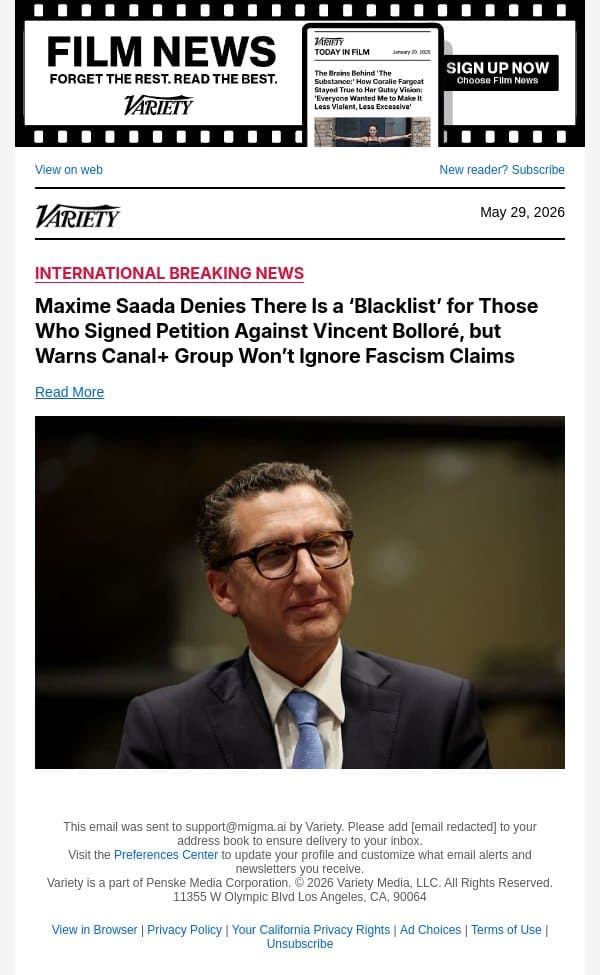 Maxime Saada Denies There Is a ‘Blacklist’ for Those Who Signed Petition Against Vincent Bolloré, but Warns Canal+ Group Won’t Ignore Fascism Claims email from Variety screenshot