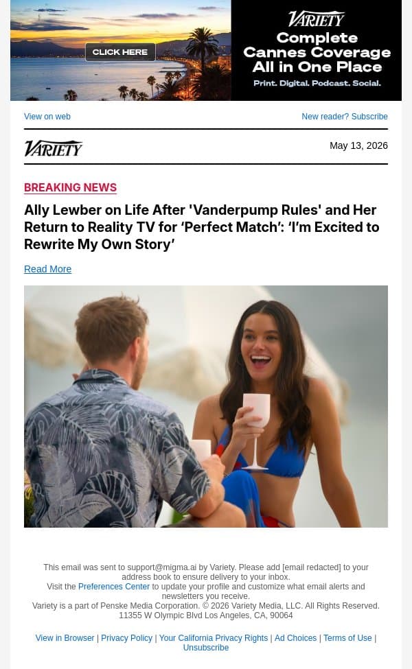 Ally Lewber on Life After 'Vanderpump Rules' and Her Return to Reality TV for ‘Perfect Match’: ‘I’m Excited to Rewrite My Own Story’ email from Variety screenshot