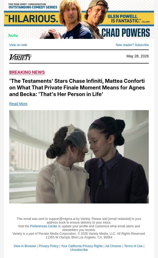 'The Testaments' Stars Chase Infiniti, Mattea Conforti on What That Private Finale Moment Means for Agnes and Becka: 'That's Her Person in Life' email from Variety screenshot