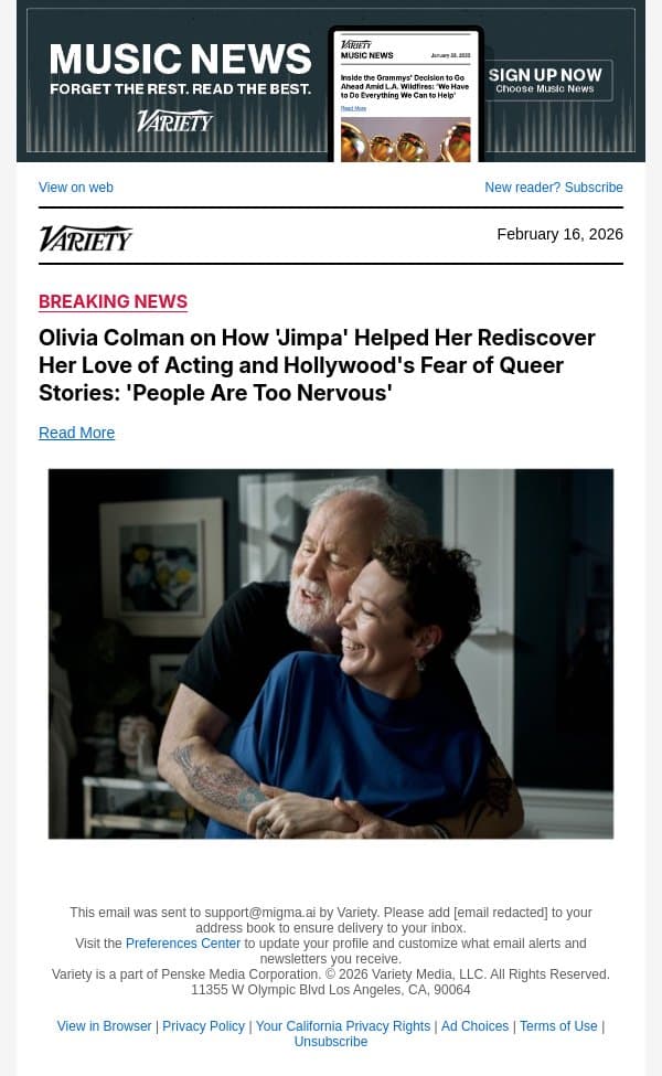 Olivia Colman on How 'Jimpa' Helped Her Rediscover Her Love of Acting and Hollywood's Fear of Queer Stories: 'People Are Too Nervous' email from Variety screenshot