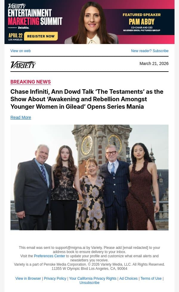 Chase Infiniti, Ann Dowd Talk ‘The Testaments’ as the Show About ‘Awakening and Rebellion Amongst Younger Women in Gilead’ Opens Series Mania email from Variety screenshot
