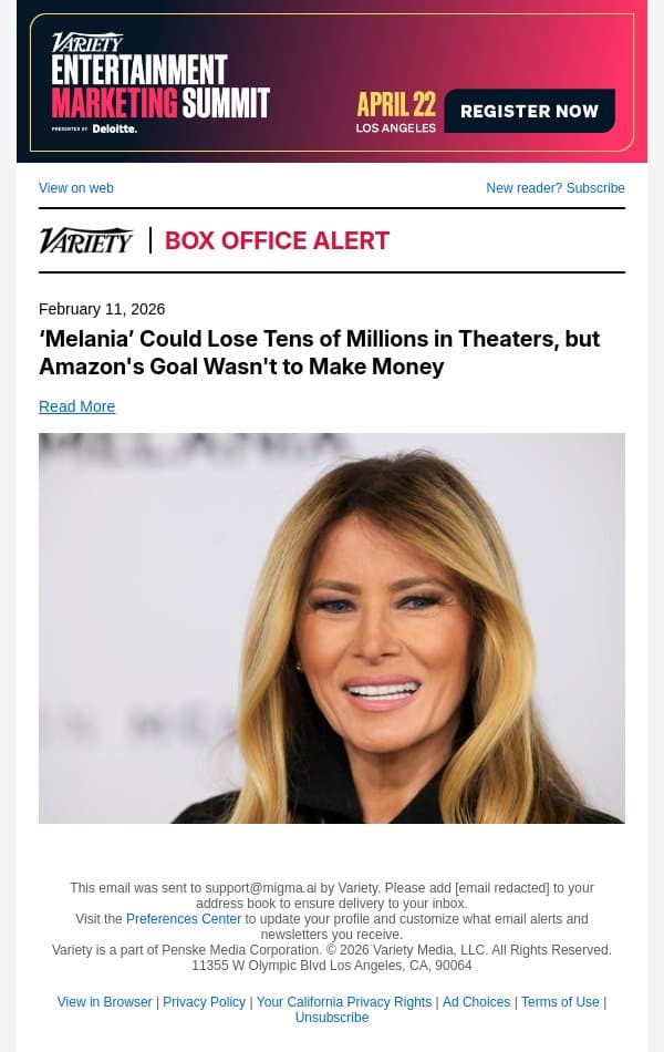 ‘Melania’ Could Lose Tens of Millions in Theaters, but Amazon's Goal Wasn't to Make Money email from Variety screenshot
