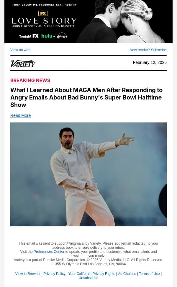 What I Learned About MAGA Men After Responding to Angry Emails About Bad Bunny's Super Bowl Halftime Show email from Variety screenshot