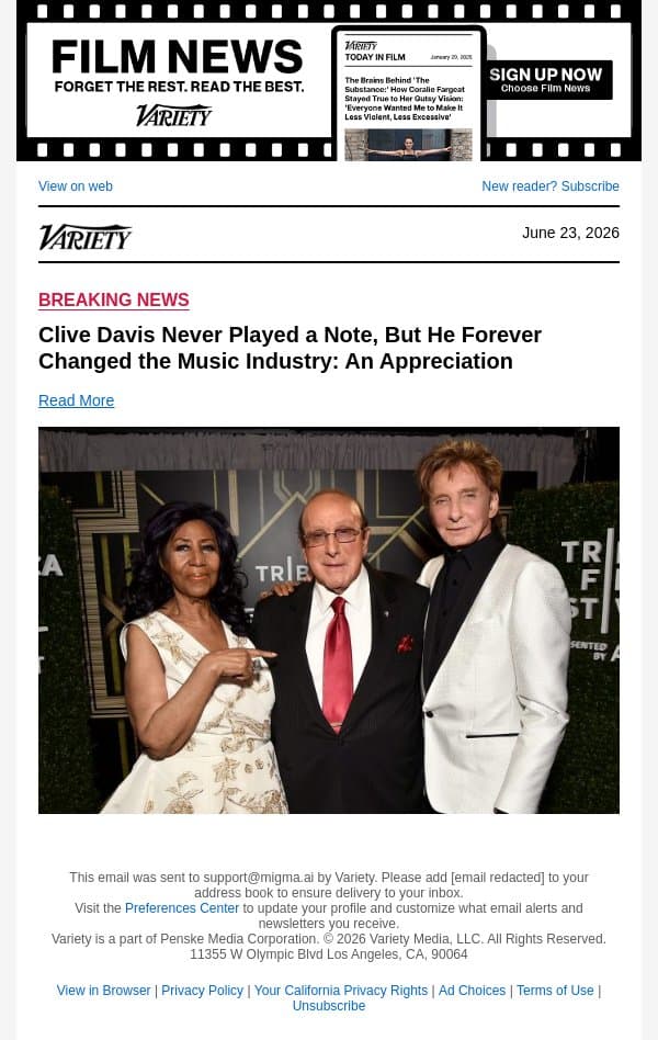 Clive Davis Never Played a Note, But He Forever Changed the Music Industry: An Appreciation email from Variety screenshot