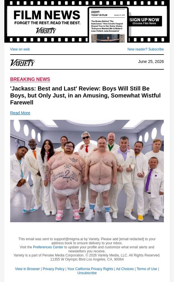 'Jackass: Best and Last' Review: Boys Will Still Be Boys, but Only Just, in an Amusing, Somewhat Wistful Farewell email from Variety screenshot