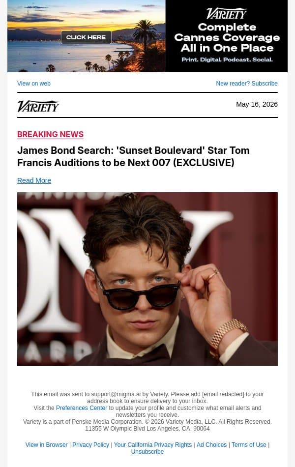 James Bond Search: 'Sunset Boulevard' Star Tom Francis Auditions to be Next 007 (EXCLUSIVE) email from Variety screenshot