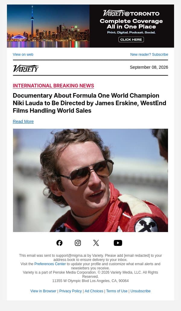 Documentary About Formula One World Champion Niki Lauda to Be Directed by James Erskine, WestEnd Films Handling World Sales email from Variety screenshot