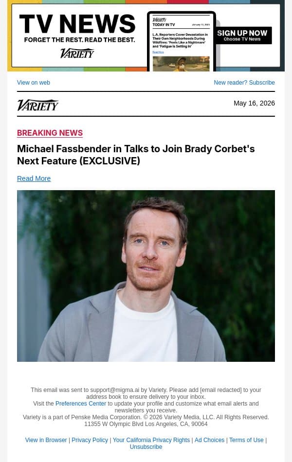 Michael Fassbender in Talks to Join Brady Corbet's Next Feature (EXCLUSIVE) email from Variety screenshot