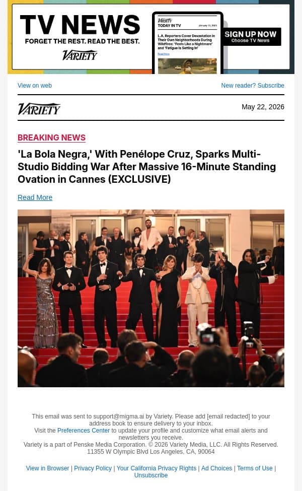 'La Bola Negra,' With Penélope Cruz, Sparks Multi-Studio Bidding War After Massive 16-Minute Standing Ovation in Cannes (EXCLUSIVE) email from Variety screenshot