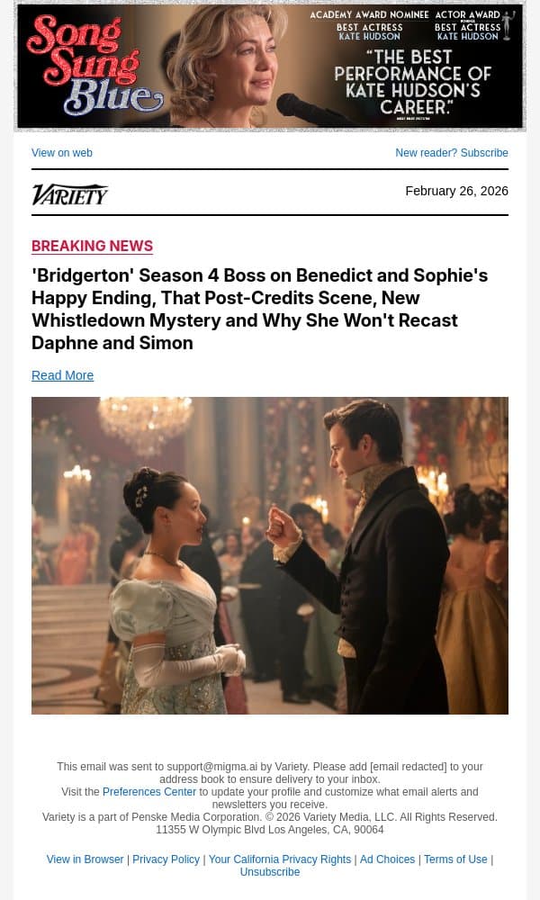 'Bridgerton' Season 4 Boss on Benedict and Sophie's Happy Ending, That Post-Credits Scene, New Whistledown Mystery and Why She Won't Recast Daphne and Simon email from Variety screenshot