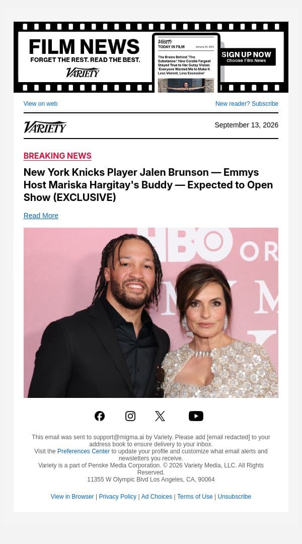 New York Knicks Player Jalen Brunson — Emmys Host Mariska Hargitay's Buddy — Expected to Open Show (EXCLUSIVE) email from Variety screenshot