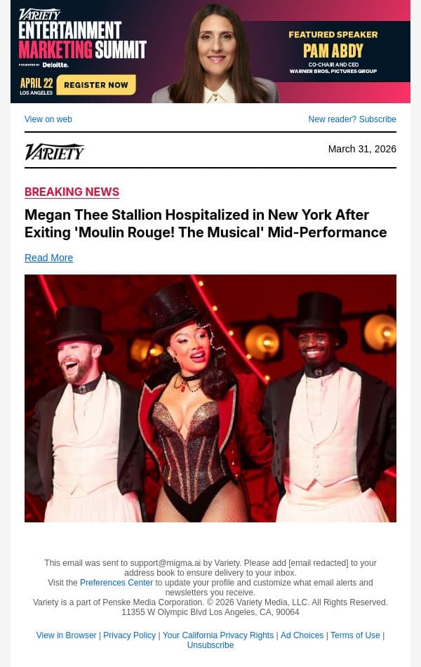 Megan Thee Stallion Hospitalized in New York After Exiting 'Moulin Rouge! The Musical' Mid-Performance email from Variety screenshot