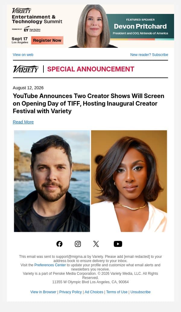 YouTube Announces Two Creator Shows Will Screen on Opening Day of TIFF, Hosting Inaugural Creator Festival with Variety email from Variety screenshot