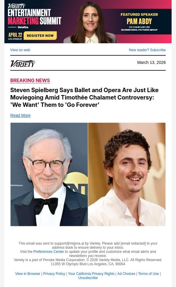 Steven Spielberg Says Ballet and Opera Are Just Like Moviegoing Amid Timothée Chalamet Controversy: 'We Want' Them to 'Go Forever' email from Variety screenshot