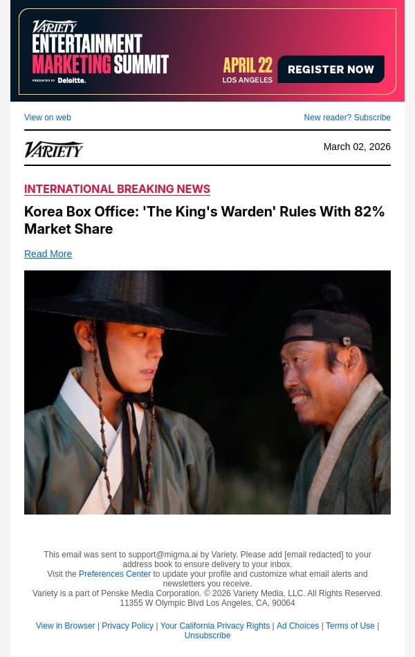 Korea Box Office: 'The King's Warden' Rules With 82% Market Share email from Variety screenshot