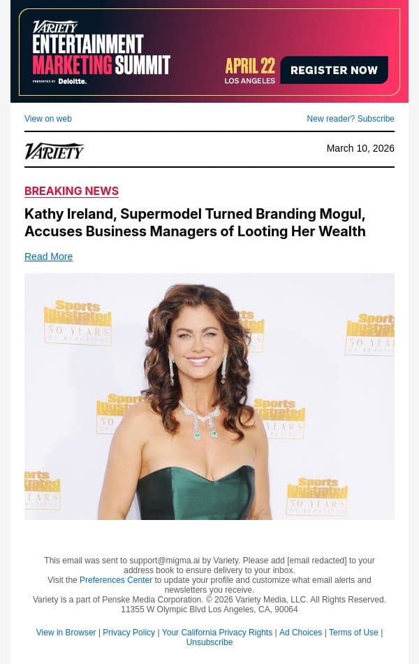 Kathy Ireland, Supermodel Turned Branding Mogul, Accuses Business Managers of Looting Her Wealth email from Variety screenshot