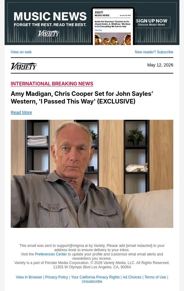 Amy Madigan, Chris Cooper Set for John Sayles’ Western, 'I Passed This Way' (EXCLUSIVE) email from Variety screenshot