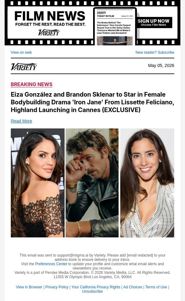 Eiza González and Brandon Sklenar to Star in Female Bodybuilding Drama 'Iron Jane' From Lissette Feliciano, Highland Launching in Cannes (EXCLUSIVE) email from Variety screenshot