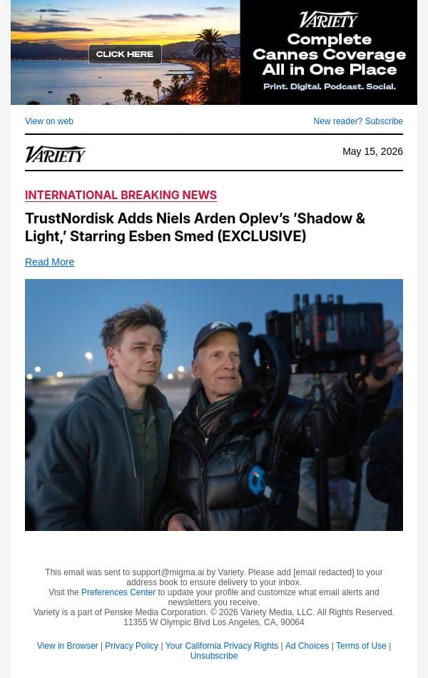 TrustNordisk Adds Niels Arden Oplev’s ’Shadow and Light,’ Starring Esben Smed (EXCLUSIVE) email from Variety screenshot