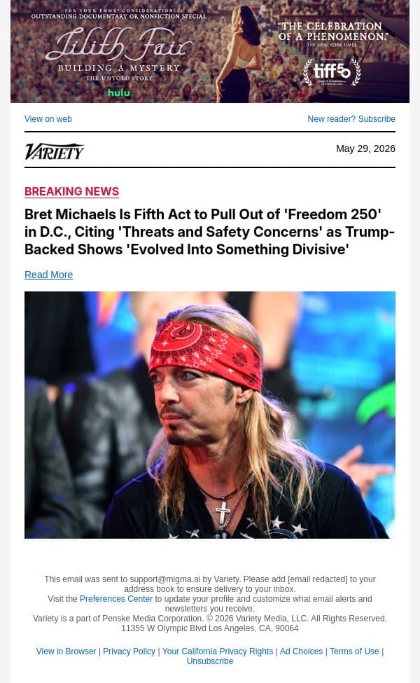 Bret Michaels Is Fifth Act to Pull Out of 'Freedom 250' in D.C., Citing 'Threats and Safety Concerns' as Trump-Backed Shows 'Evolved Into Something Divisive' email from Variety screenshot