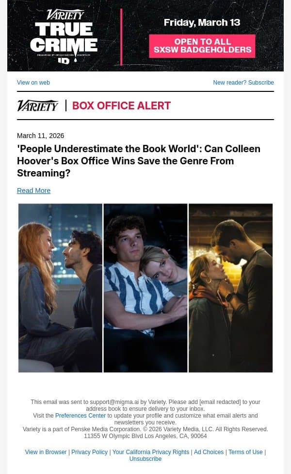 'People Underestimate the Book World': Can Colleen Hoover's Box Office Wins Save the Genre From Streaming? email from Variety screenshot