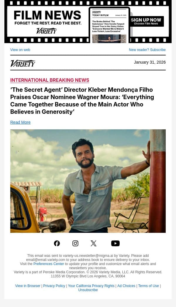 ‘The Secret Agent’ Director Kleber Mendonça Filho Praises Oscar Nominee Wagner Moura: ‘Everything Came Together Because of the Main Actor Who Believes in Generosity’ email from Variety screenshot