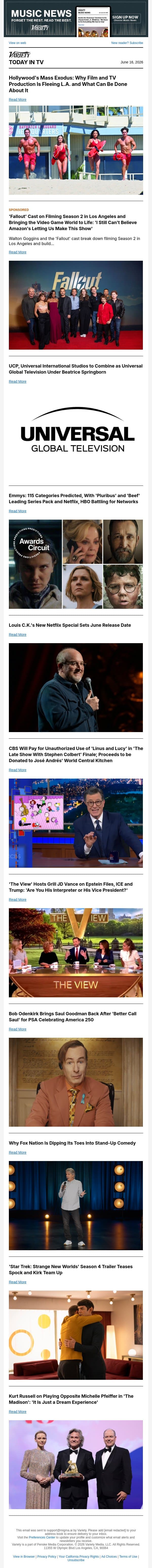 Hollywood's Mass Exodus; UCP-UIS Merger; Emmys Predictions email from Variety screenshot
