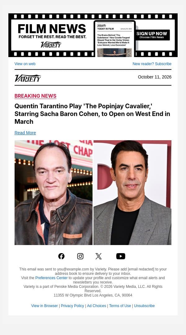 Quentin Tarantino Play 'The Popinjay Cavalier,' Starring Sacha Baron Cohen, to Open on West End in March email from Variety screenshot