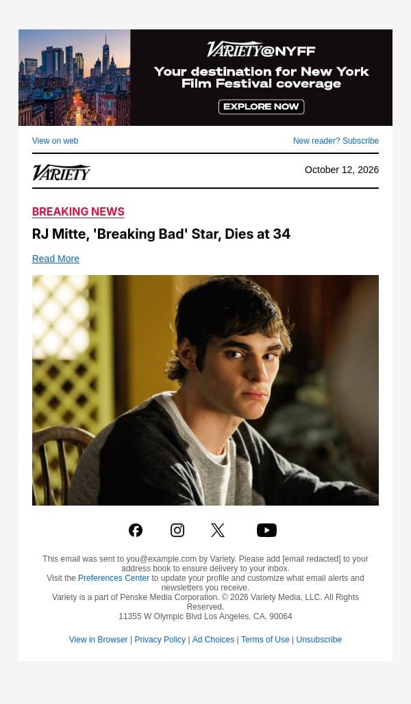 RJ Mitte, 'Breaking Bad' Star, Dies at 34 email from Variety screenshot