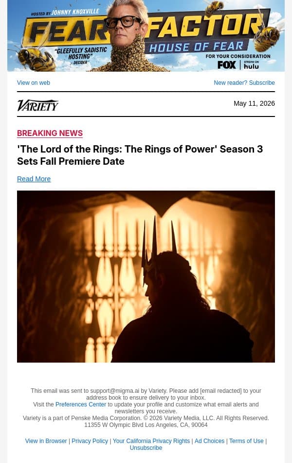 'The Lord of the Rings: The Rings of Power' Season 3 Sets Fall Premiere Date email from Variety screenshot