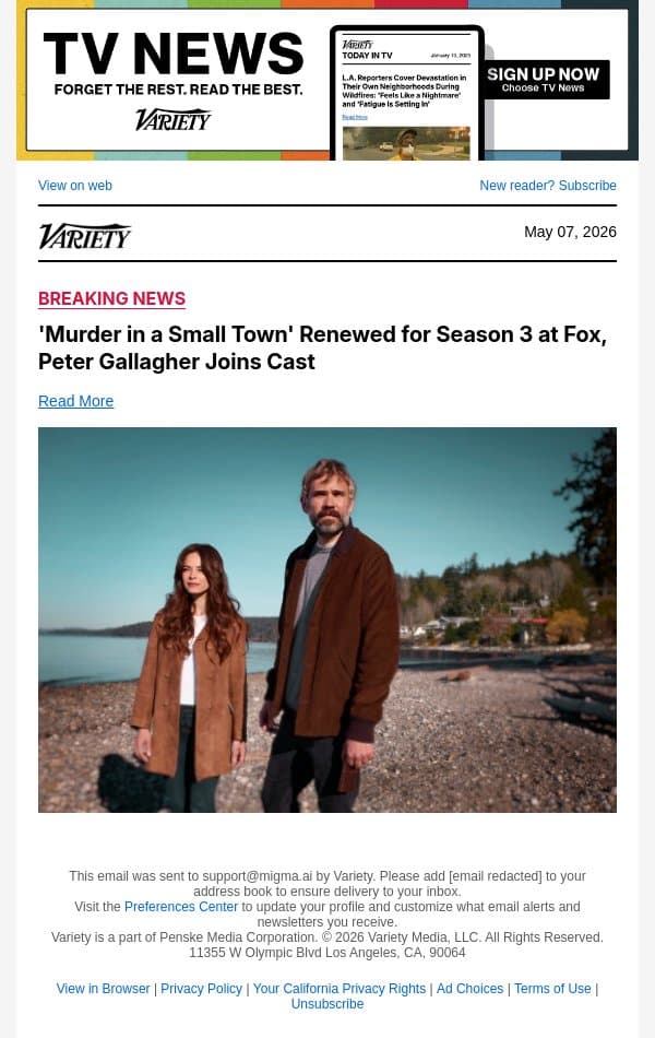 'Murder in a Small Town' Renewed for Season 3 at Fox, Peter Gallagher Joins Cast email from Variety screenshot