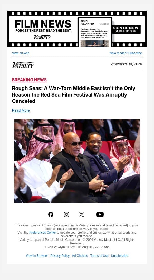 Rough Seas: A War-Torn Middle East Isn't the Only Reason the Red Sea Film Festival Was Abruptly Canceled email from Variety screenshot
