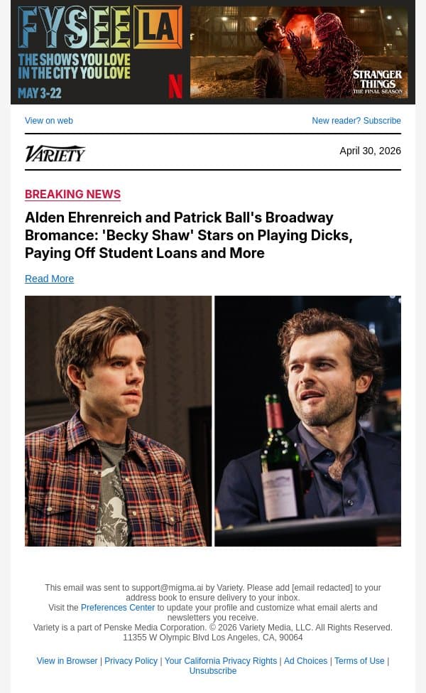 Alden Ehrenreich and Patrick Ball's Broadway Bromance: 'Becky Shaw' Stars on Playing Dicks, Paying Off Student Loans and More email from Variety screenshot