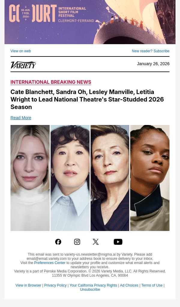 Cate Blanchett, Sandra Oh, Lesley Manville, Letitia Wright to Lead National Theatre's Star-Studded 2026 Season email from Variety screenshot