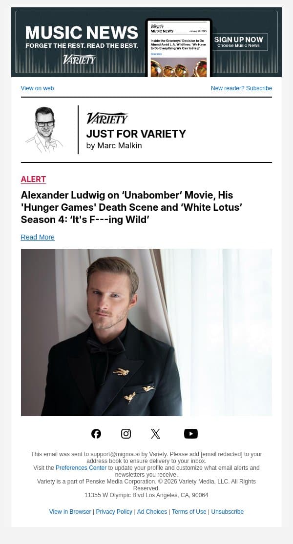 Alexander Ludwig on ‘Unabomber’ Movie, His 'Hunger Games' Death Scene and ‘White Lotus’ Season 4: ‘It's F---ing Wild’ email from Variety screenshot