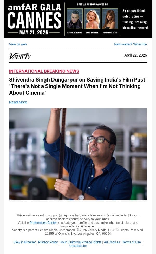 Shivendra Singh Dungarpur on Saving India's Film Past: 'There's Not a Single Moment When I'm Not Thinking About Cinema' email from Variety screenshot